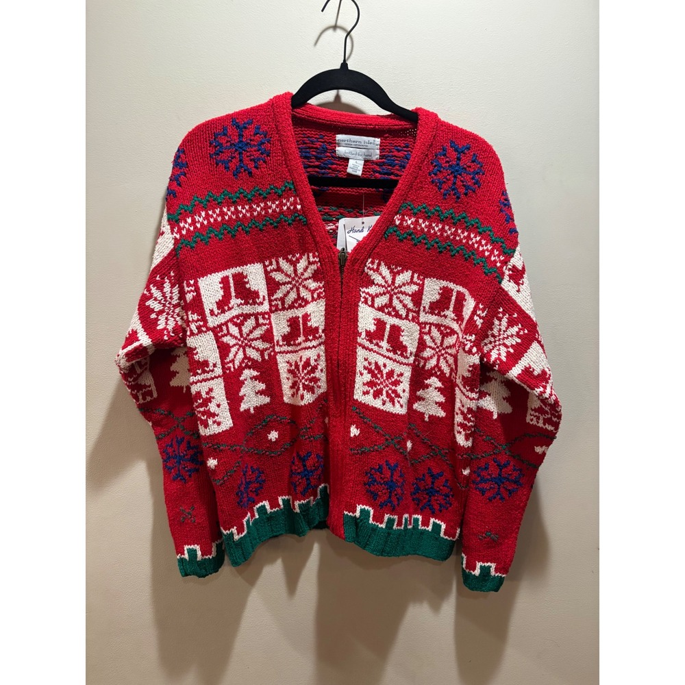 NWT Northern Isles Womens Hand Knit Silk Blend Christmas Zip Cardigan Skates L